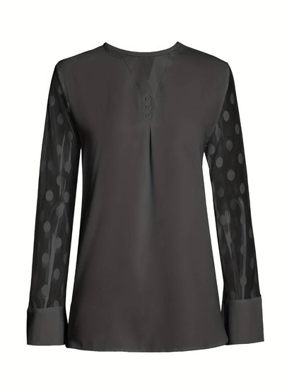 Women's Blouse - Sheer Polka Dot Sleeves - Round Neck - Relaxed Fit Stylish Wear