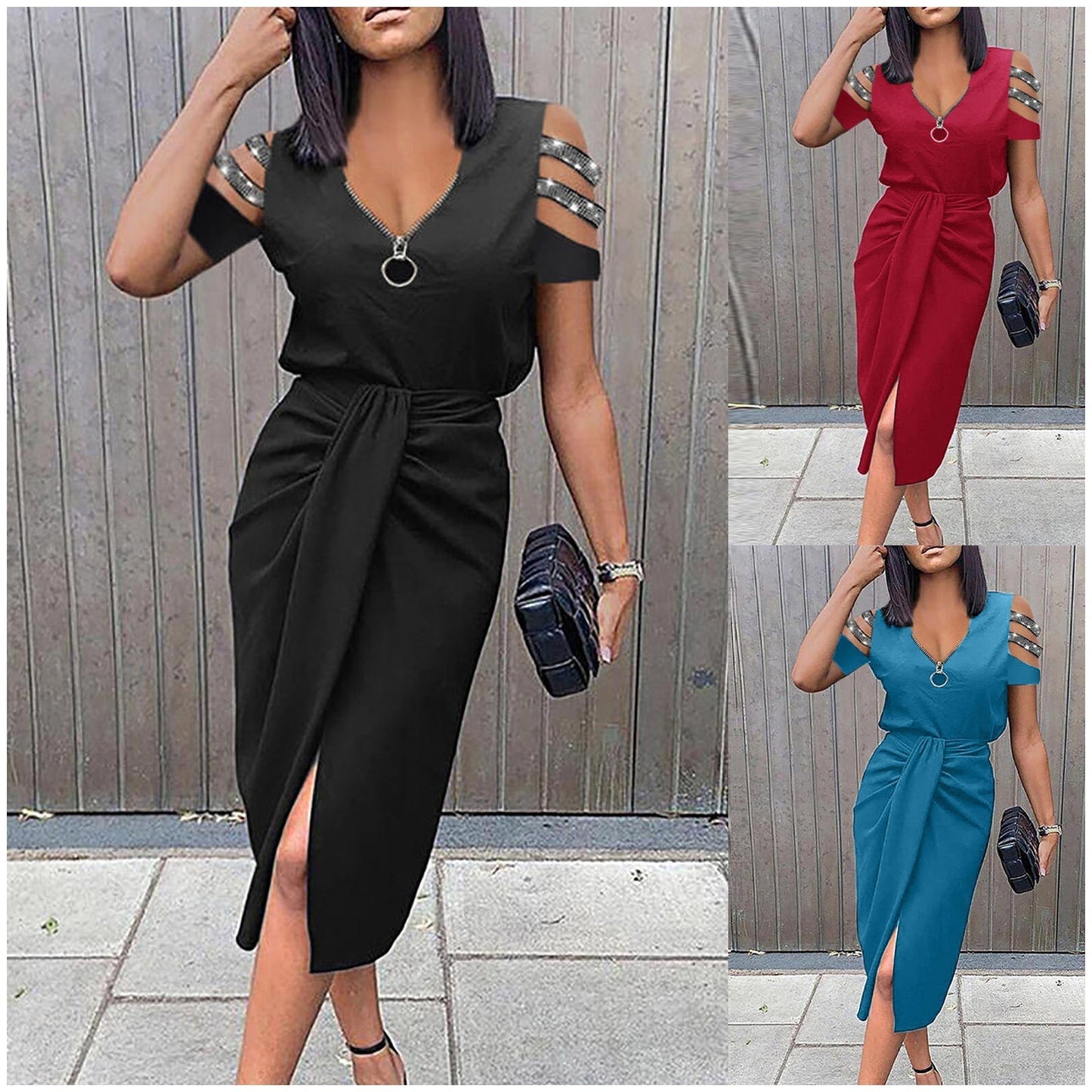Women's Midi Dress - Cold Shoulder - V-Neck Zipper - Draped Waist - Front Slit