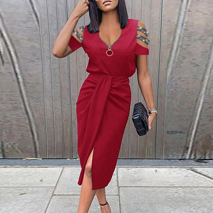 Women's Midi Dress - Cold Shoulder - V-Neck Zipper - Draped Waist - Front Slit
