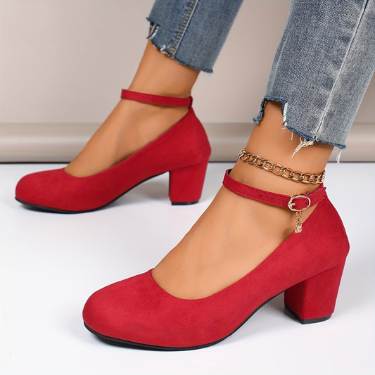 Block Heel Soft-Brushed Ankle Strap Pumps