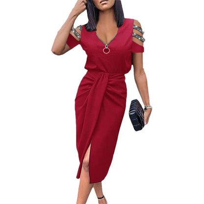 Women's Midi Dress - Cold Shoulder - V-Neck Zipper - Draped Waist - Front Slit