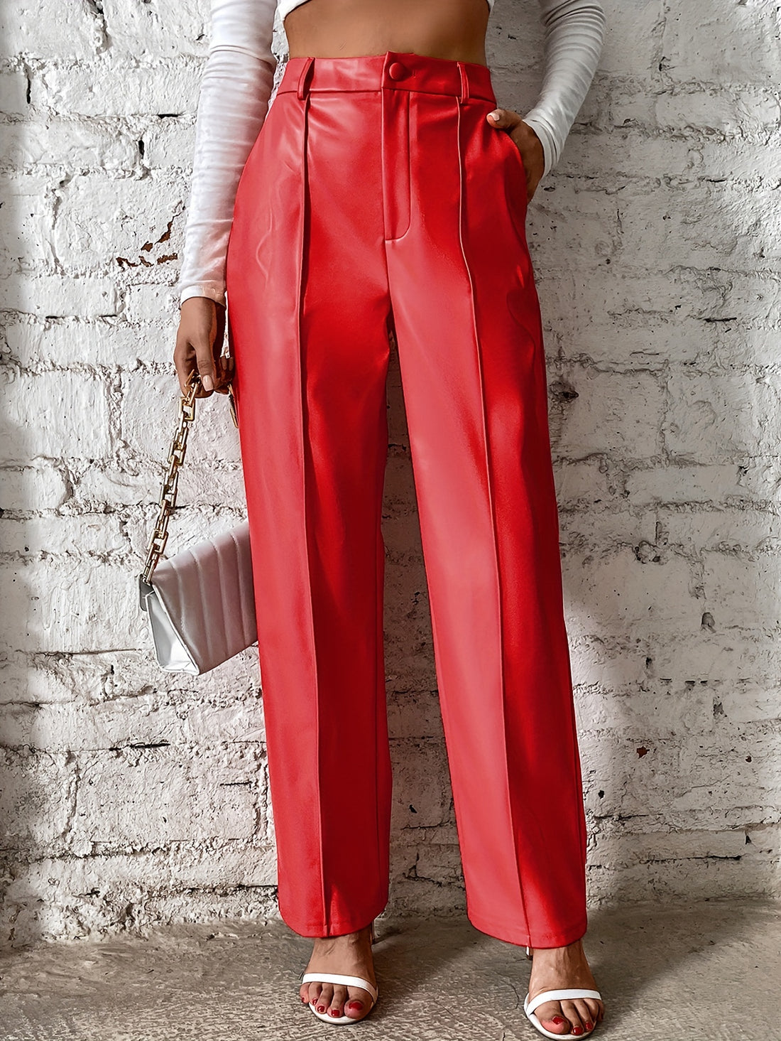 Solid color high-waist straight casual pants for women