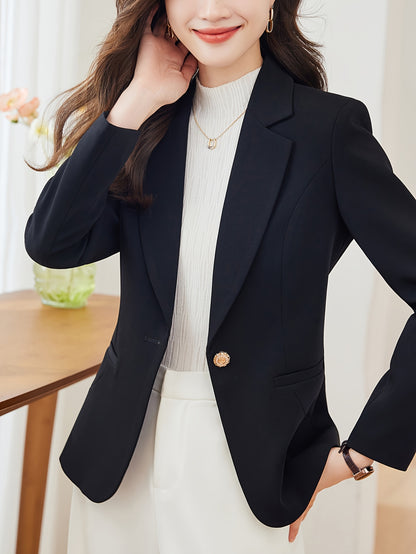Single-button tailored blazer with notched lapel and long sleeves for women