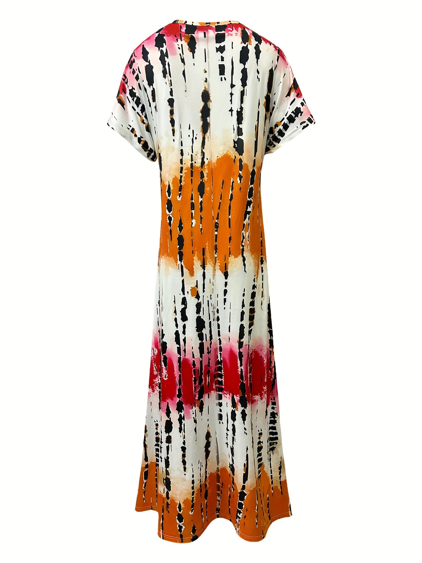 Women's Maxi Dress - Tie-Dye Print - V-Neck - Short Sleeve - Flowy with Side Slits