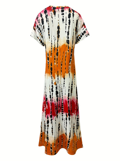 Women's Maxi Dress - Tie-Dye Print - V-Neck - Short Sleeve - Flowy with Side Slits