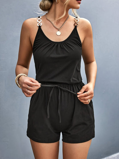 Women's Romper - Scoop Neck - Drawstring Waist - Adjustable Straps - Short Length