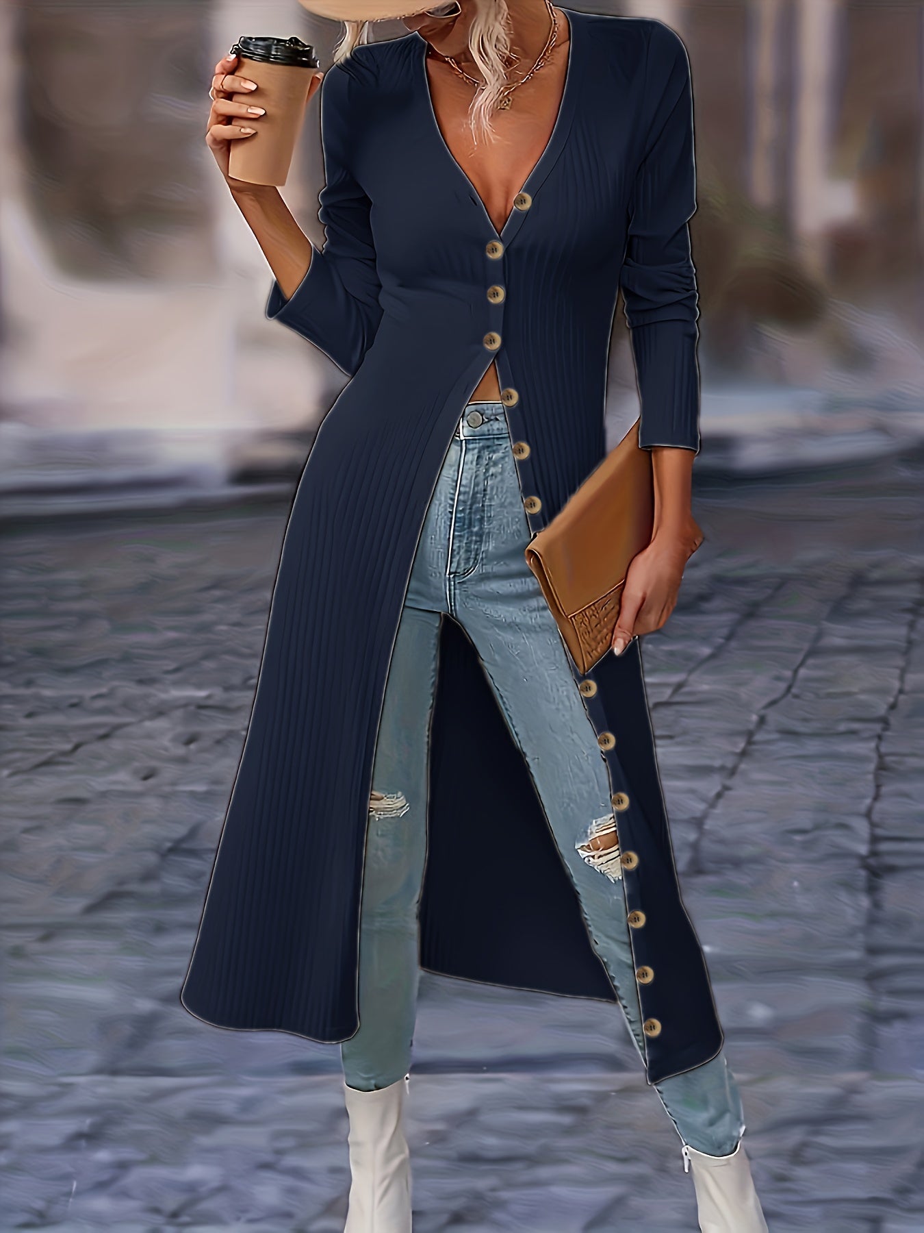 Women's Long Cardigan - Ribbed Knit - Button-Front V-Neck - Tailored Fit