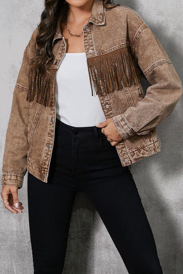 Women's snap button fringe denim jacket