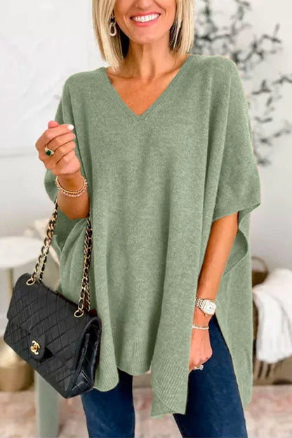 Women's Poncho Top - Loose Fit - Soft Knit - V-Neck Flowy Draped Style