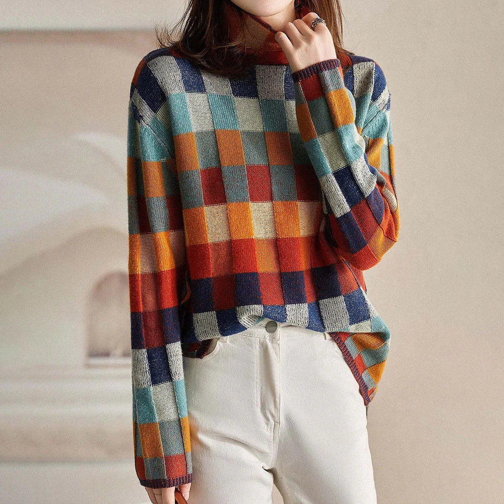 Women's colorful checkered high collar sweater