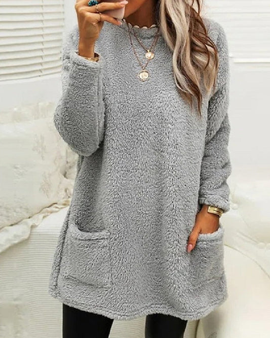 Plush Round Neck Sweater with Pockets