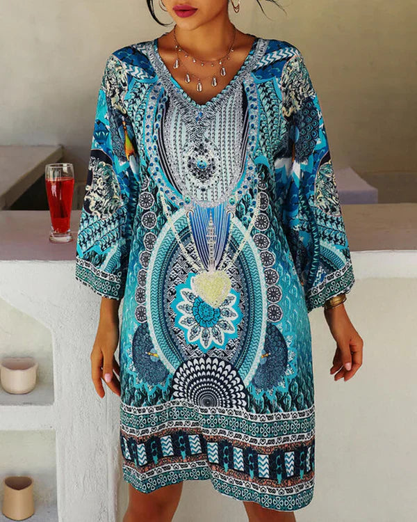 Women's Dress - V-Neck - Long Sleeve - Relaxed Fit - Above Knee - Stylish Pattern