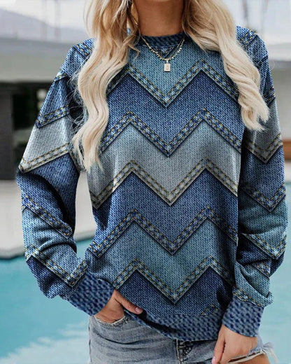Women’s casual blue chevron printed pullover sweatshirt