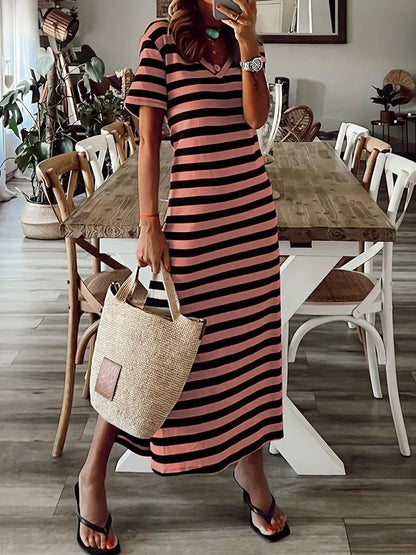 Women's Casual Dress - Striped Pattern - V-Neck - Short Sleeve - Breathable Relaxed Fit