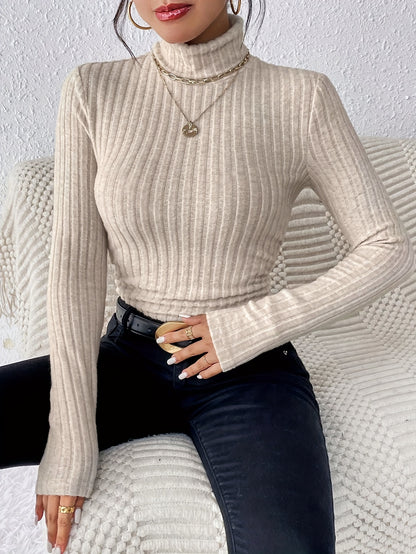 Ribbed turtleneck long-sleeve top with fitted silhouette for women