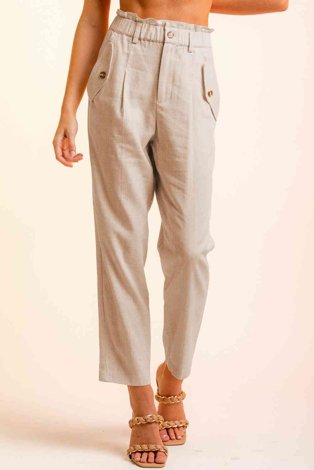 Women’s Cropped Pants – High Waist Paperbag Style – Button Detail – Tapered Fit Casual Wear