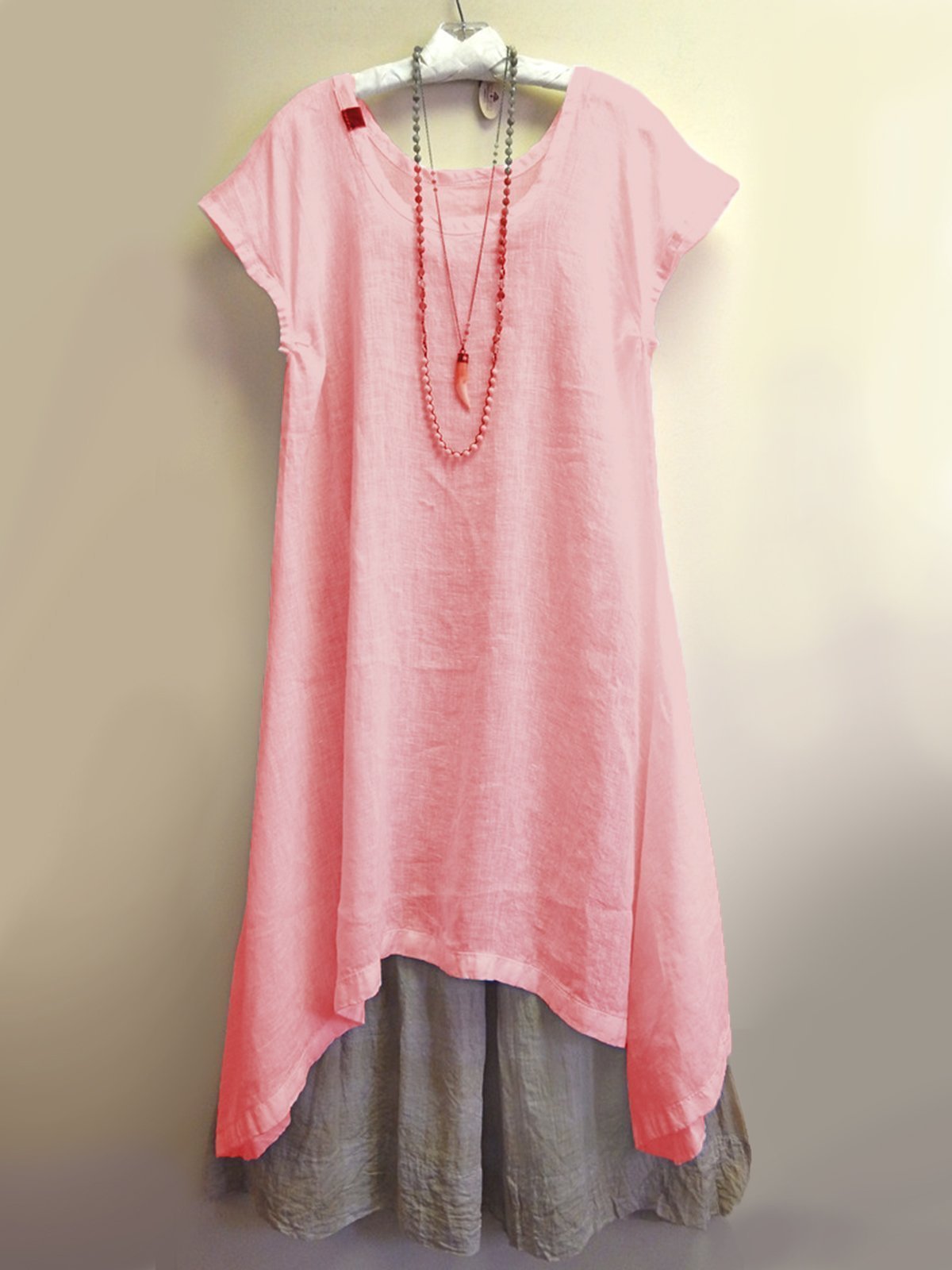 Women's Dress - Loose Fit - Short Sleeve - Round Neck - Layered Asymmetrical Hem - Flowy Boho Style