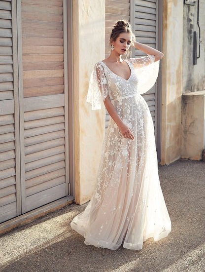 Women's Gown - A-Line Silhouette - Flutter Sleeves - V-Neck - Sheer Embroidered Fabric
