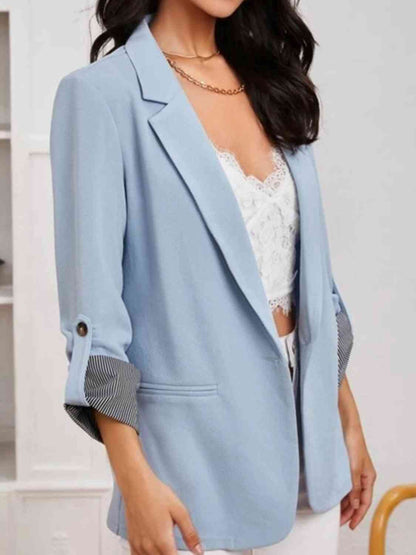 Women's Tailored Blazer - Notched Lapel - Three-Quarter Roll-Tab Sleeves - Open Front