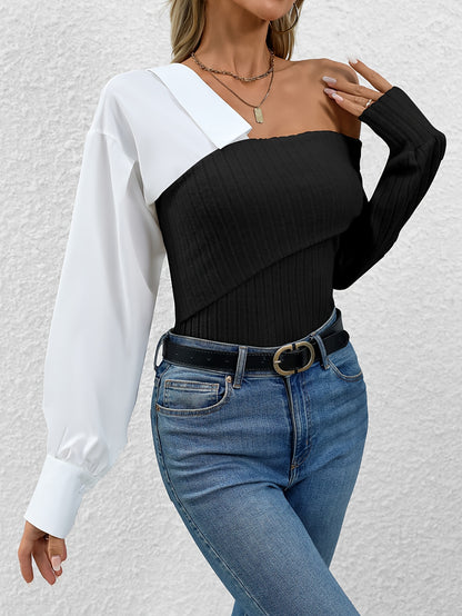 Women's Off-Shoulder Ribbed Knit Top – Asymmetrical Design – Long Sleeve Stylish Fit