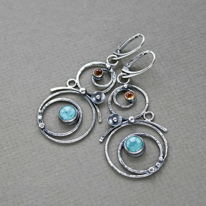 Women's Dangle Earrings - Multi-Hoop Design - Stone Embellishments - Lever-Back