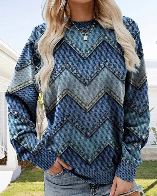 Relaxed Fit Denim-Inspired Zigzag Pullover 