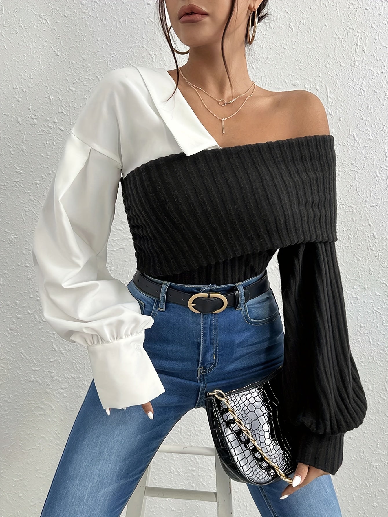 Women's Off-Shoulder Ribbed Knit Top – Asymmetrical Design – Long Sleeve Stylish Fit