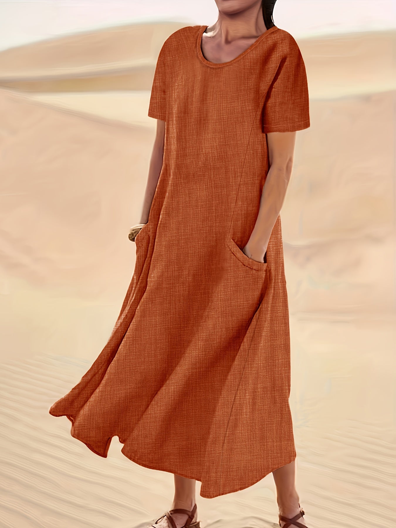 Flowy short-sleeve maxi dress with side pockets for casual and vacation wear for women