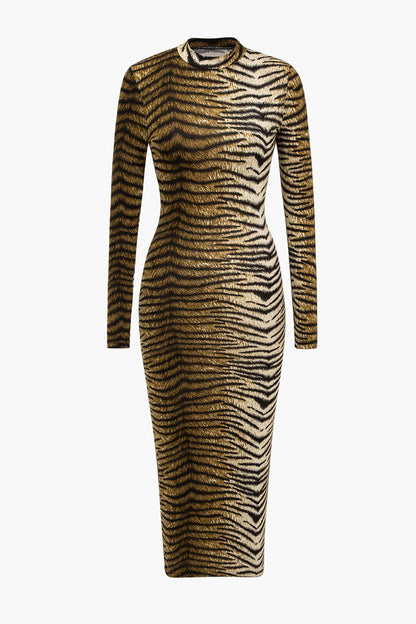 Women's Midi Bodycon Dress - Leopard Print - Long Sleeve High Neck Stretch Fit