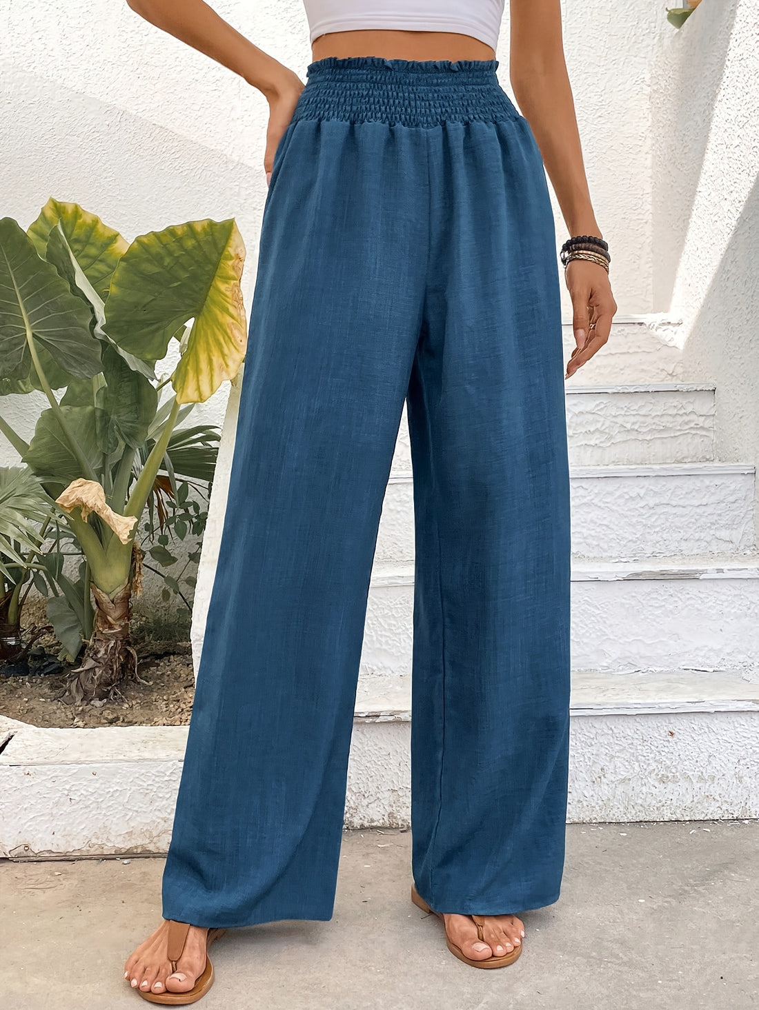 High-waisted elastic wide-leg flowy pants for women