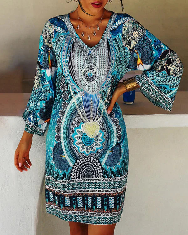 Women's Dress - V-Neck - Long Sleeve - Relaxed Fit - Above Knee - Stylish Pattern