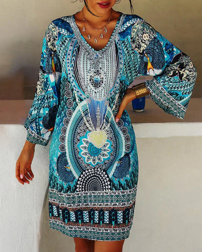 Women's Dress - V-Neck - Long Sleeve - Relaxed Fit - Above Knee - Stylish Pattern