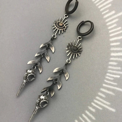 Unisex Dangle Earrings - Mystical Eye & Bird Skull - Gothic Statement Jewelry