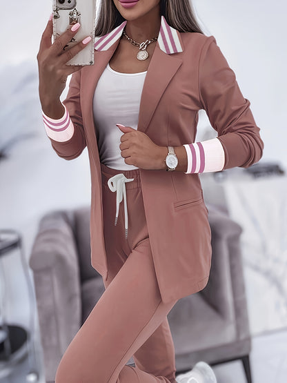 Striped collar two-piece casual suit with blazer and joggers for women