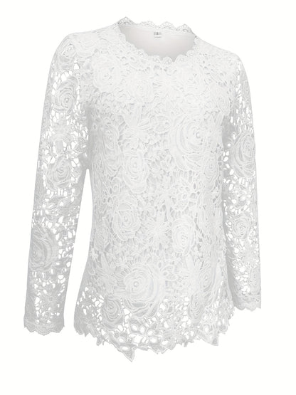Women's Lace Blouse - Floral Pattern - Long Sleeve Sheer - Scalloped Hem Elegant