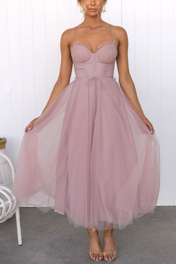 Women's Tulle Maxi Dress - Spaghetti Straps - Fitted Bodice - Layered Flowing Skirt