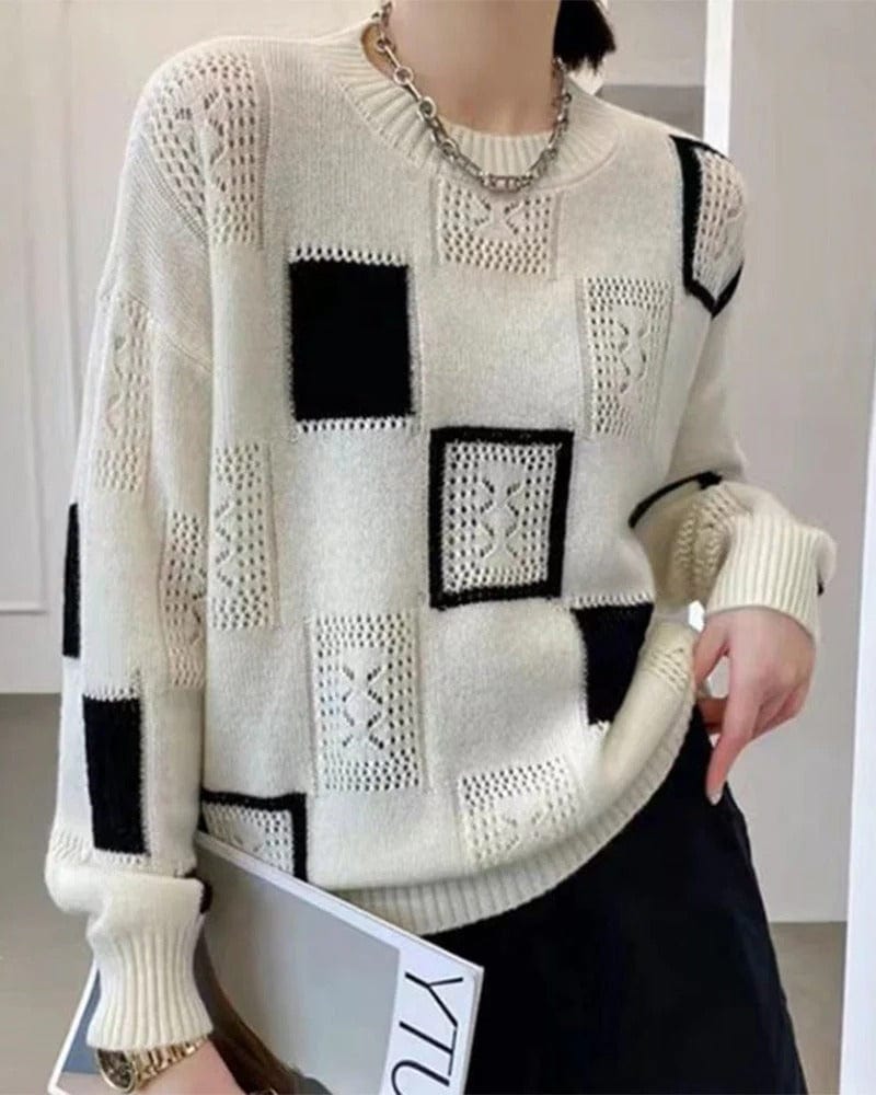 Women's retro plaid round neck sweater