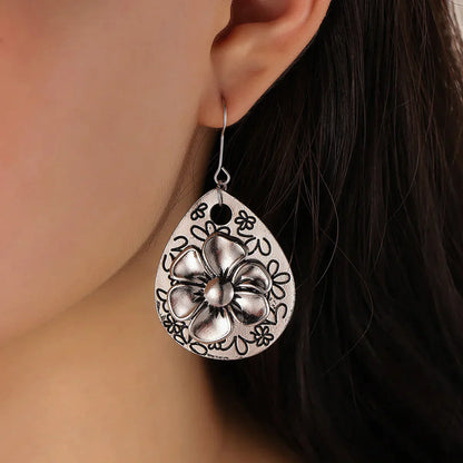 Women's Dangle Earrings - Teardrop Shape - Floral Embossed Metal - Artisan Style