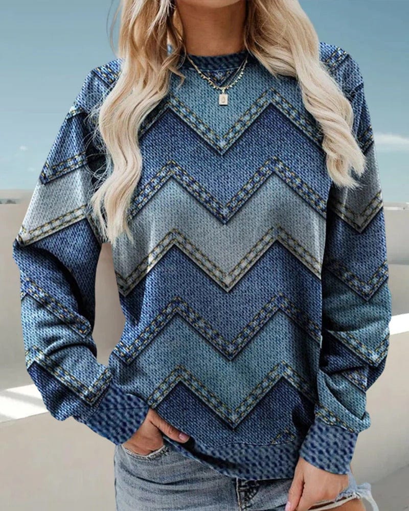 Women’s casual blue chevron printed pullover sweater