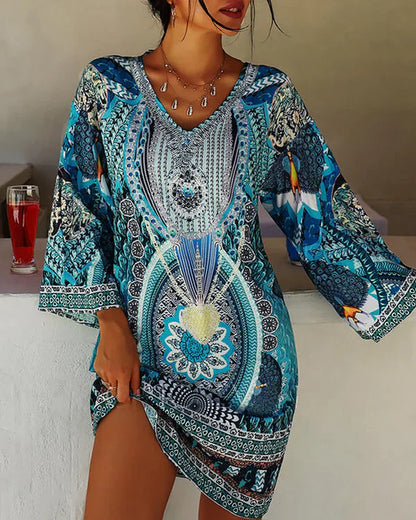 Women's Dress - V-Neck - Long Sleeve - Relaxed Fit - Above Knee - Stylish Pattern