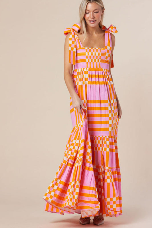 Checkered Pattern A-Line Bow Strap Maxi Dress