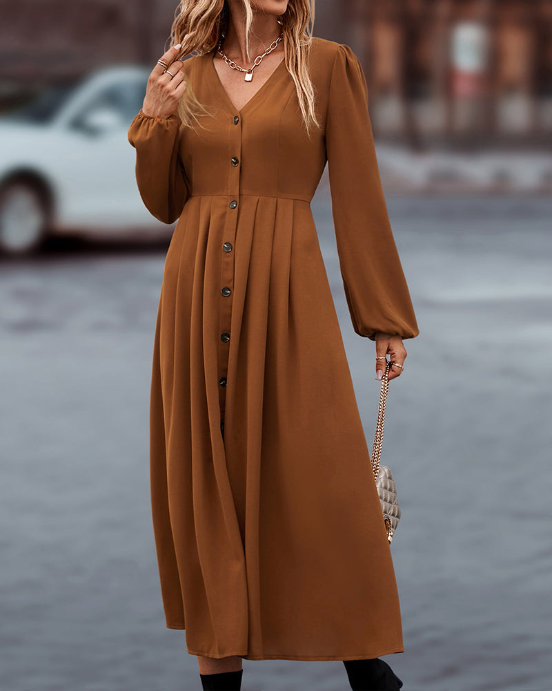 Women's Midi Dress - A-Line Silhouette - V-Neck - Long Puff Sleeves - Button Front