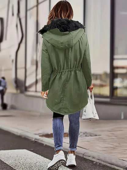 Women's winter hooded fur collar coat  with front pockets