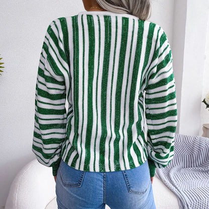 Women’s Knit Sweater - V-Neck Lace-Up - Long Sleeve - Striped Relaxed Fit Casual Wear