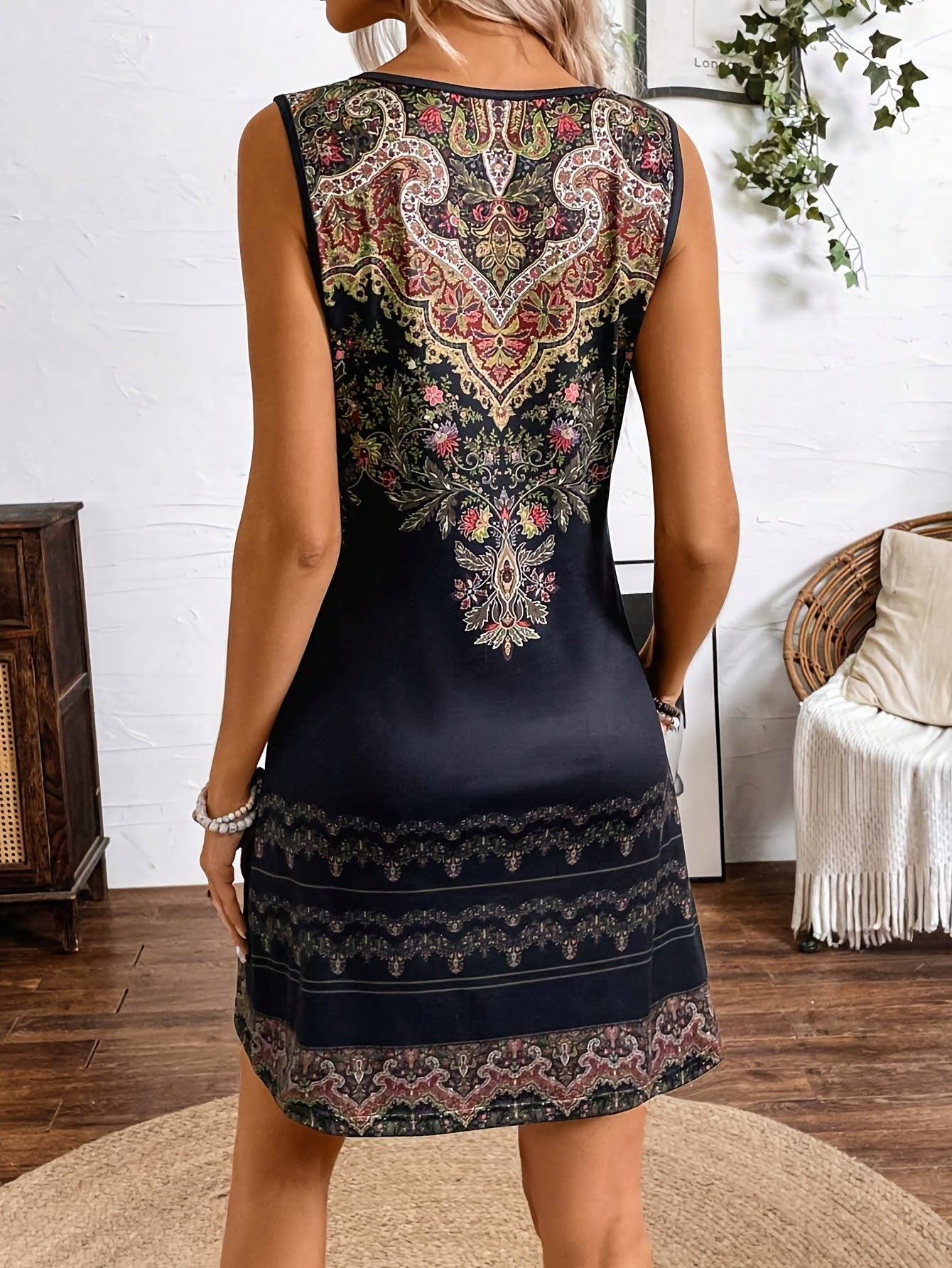 Women's Sleeveless Midi Dress - Bohemian Print - Button Front - Relaxed Fit