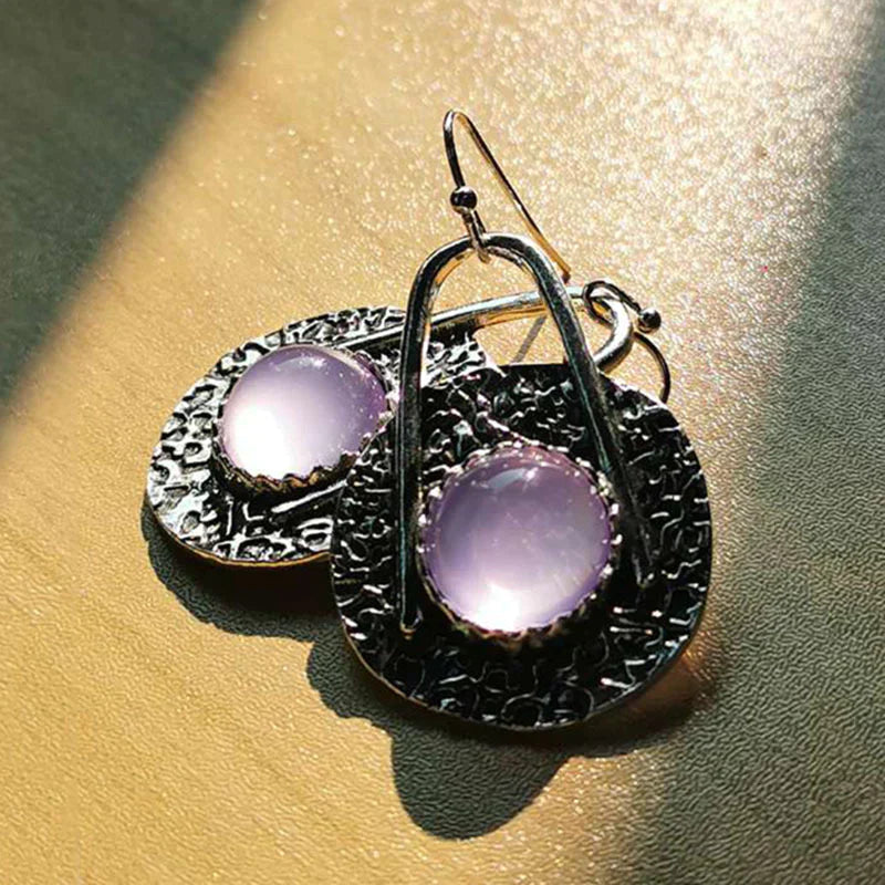 Women's Boho Earrings - Textured Metal with Gem Accent - Hook Fastening Unique Design