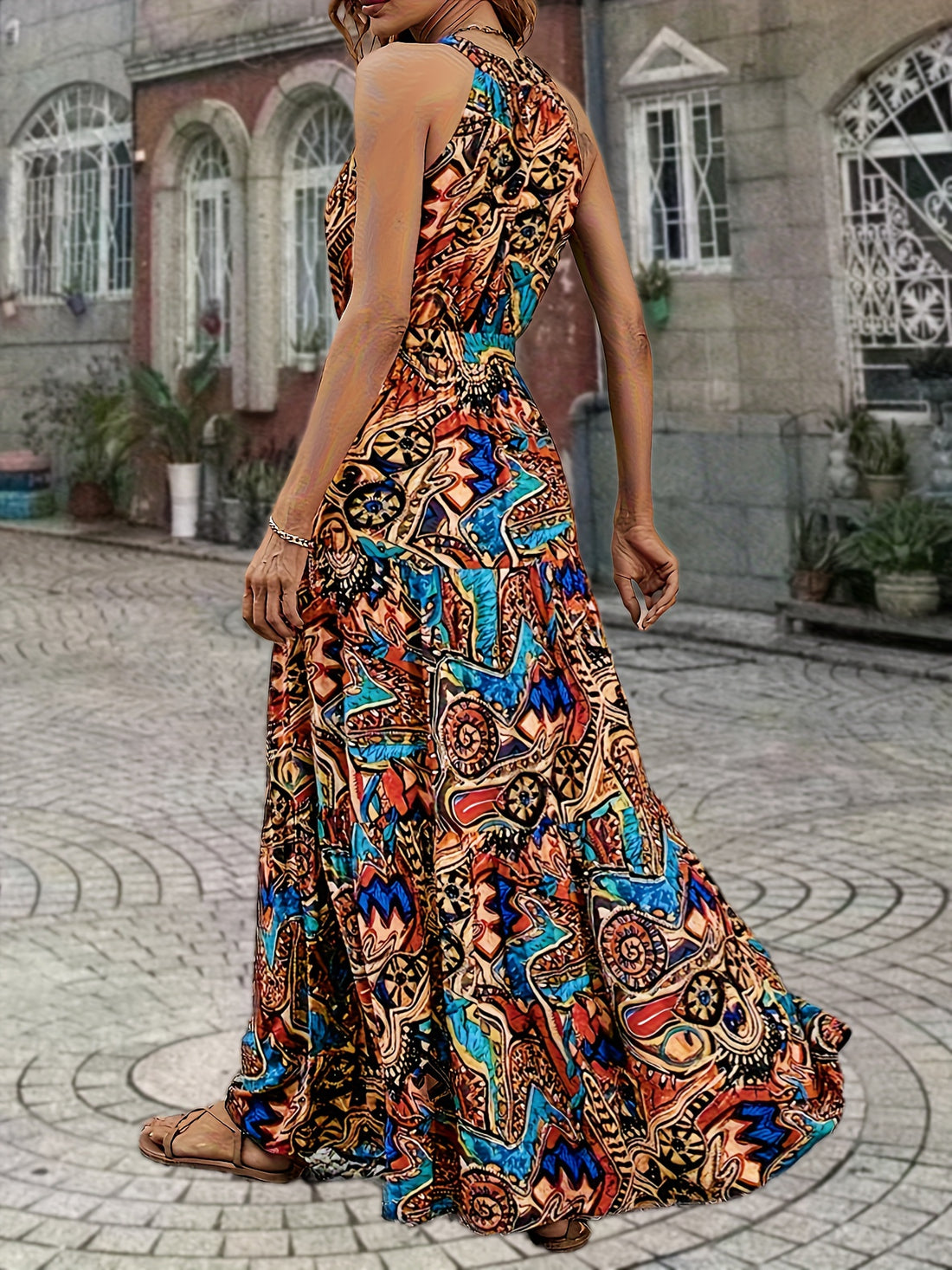 Halter neck bohemian printed sleeveless maxi dress for women