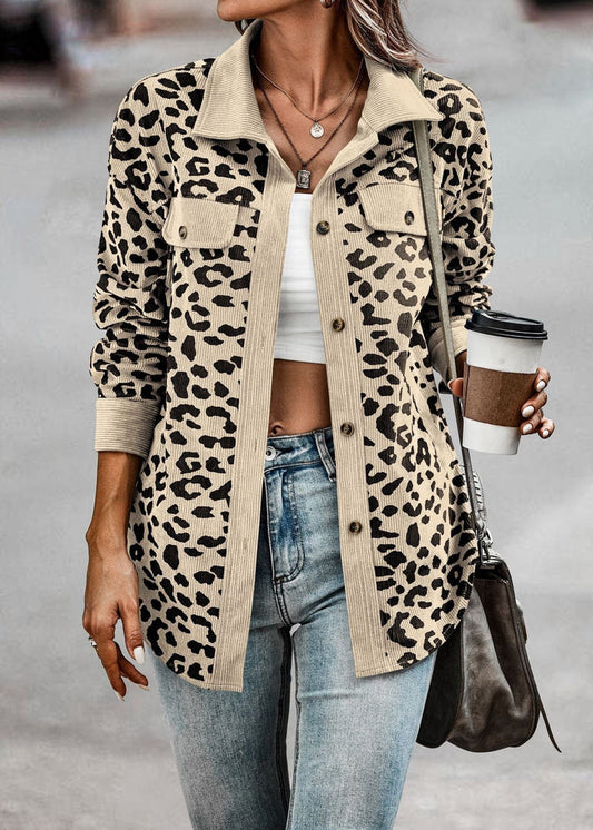 Leopard Print Lapel Button Closure Jacket