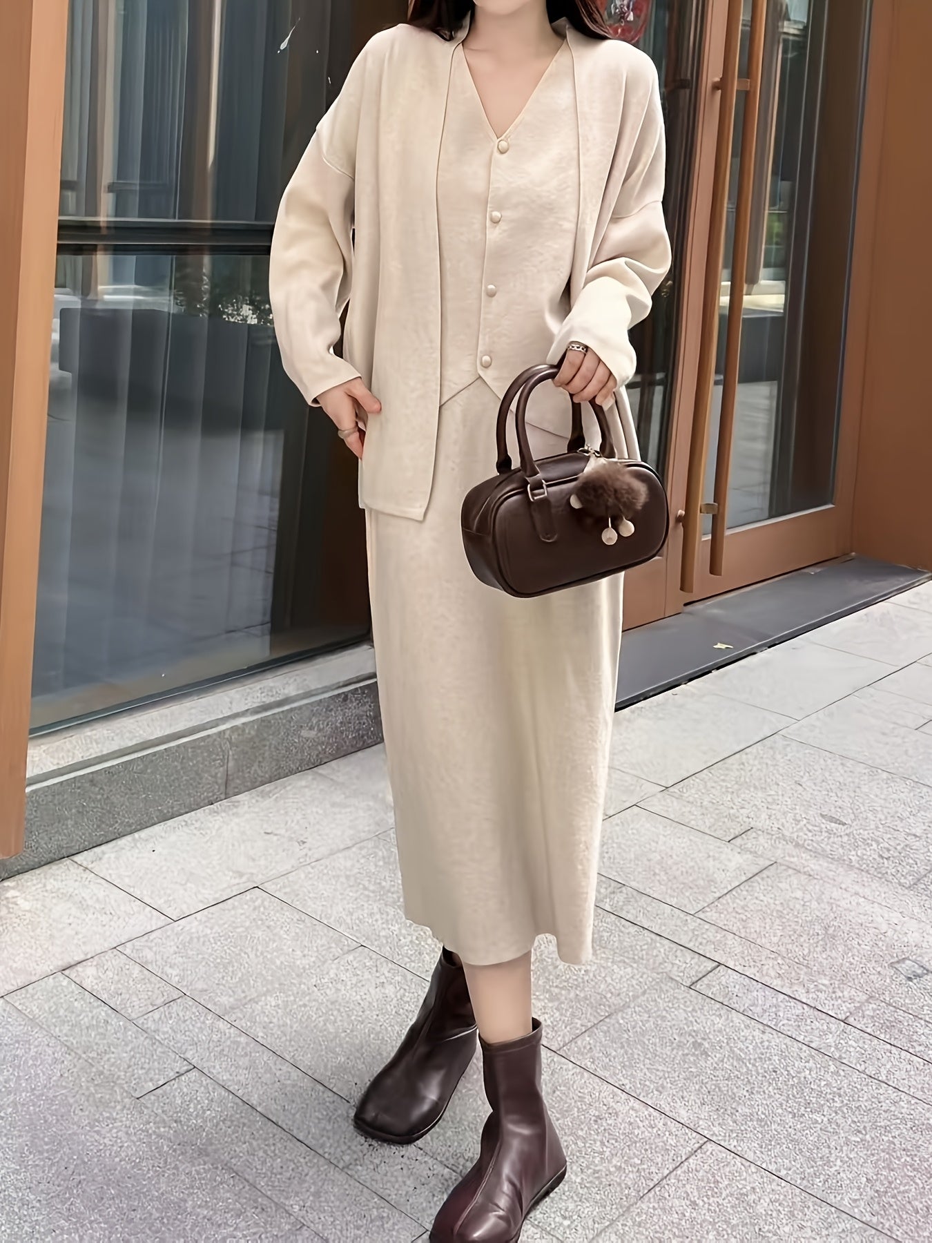 Three-piece cardigan, vest, and skirt knit set for women