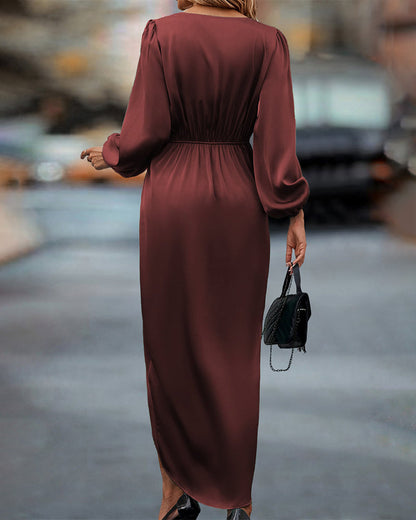 Women's Wrap Dress - Deep V-Neck - Long Puff Sleeves - Ruched Waist - Asymmetrical Hem